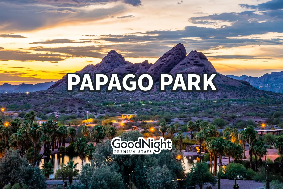 Papago Park’s distinctive red-rock mountains and palm trees reflected in a calm water body under a serene sky, offering opportunities for hiking, nature watching, and photography. The landscape exudes tranquility and unique desert beauty.